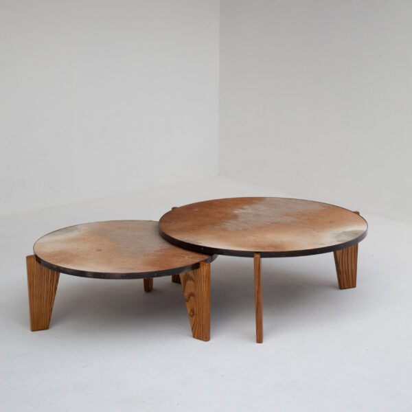 Set of Cowhide Coffee Tables with Wood Base