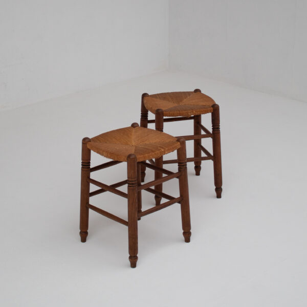 Pair of French Rattan Top Stools in Solid Wood