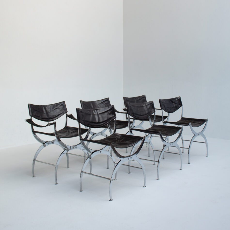 Set of 6 Italian Chrome Dining Chairs with Leather Seating