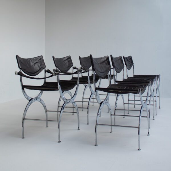 Set of 6 Italian Chrome Dining Chairs with Leather Seating