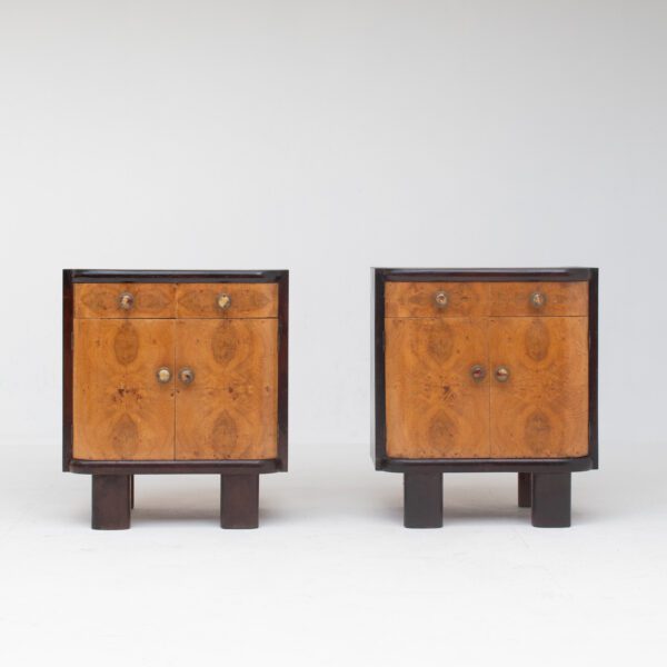 Pair of Italian Art Deco Bedside Cabinets in Burl Wood