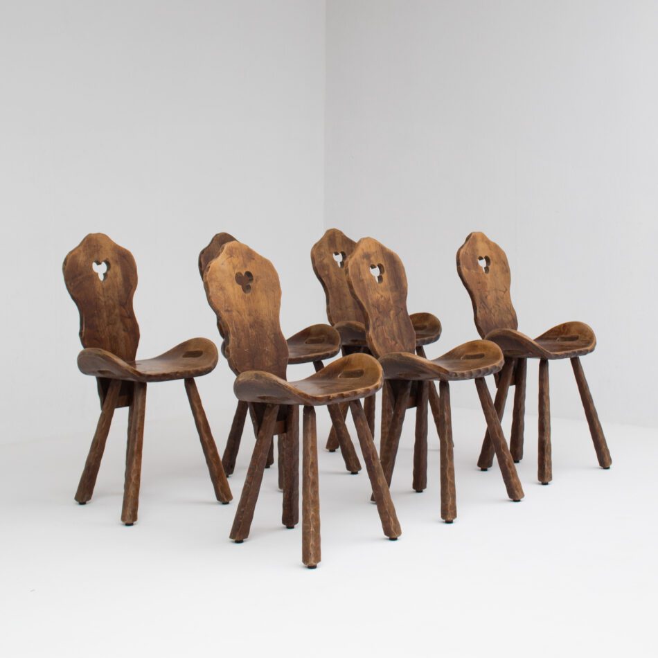 Set of 6 Brutalist Solid Wood Stools, 1970s