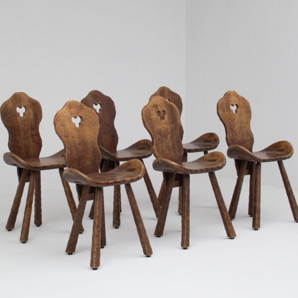 Set of 6 Brutalist Solid Wood Stools, 1970s