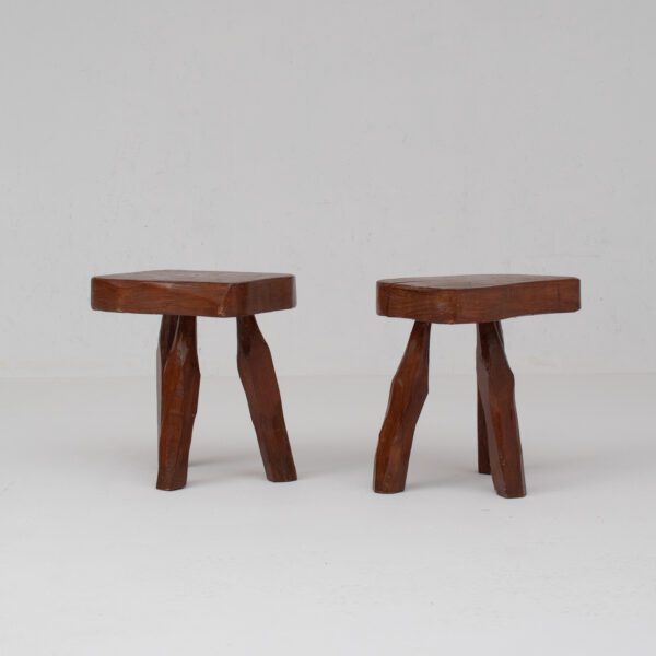 Pair of Sculptural Solid Wood Brutalist Stools, France, 1960s