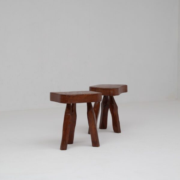 Pair of Sculptural Solid Wood Brutalist Stools, France, 1960s