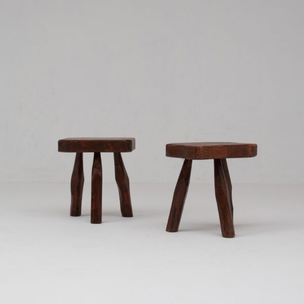 Pair of Sculptural Solid Wood Brutalist Stools 1960s