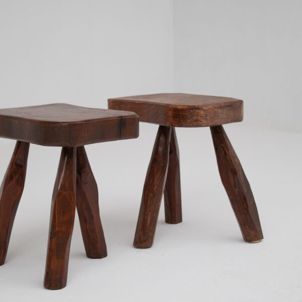 Pair of Sculptural Solid Wood Brutalist Stools 1960s