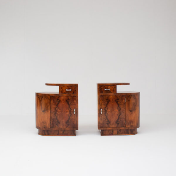 Pair of Art Deco Burl Walnut Nightstands