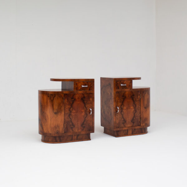 Pair of Art Deco Burl Walnut Nightstands