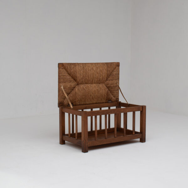 French Oak Storage Bench with Woven Rush Seat