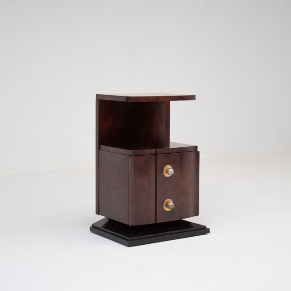 Art Deco Bedside Cabinet in Burr Walnut with Brass Hardware