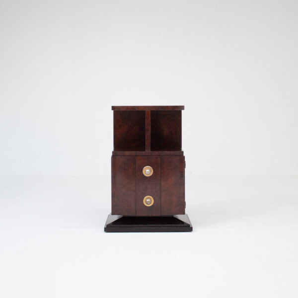 Art Deco Bedside Cabinet in Burr Walnut with Brass Hardware