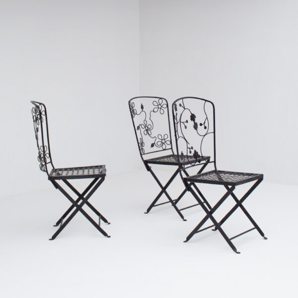 Set of Three Decorative Wrought Iron Garden Chairs with Floral Backrests