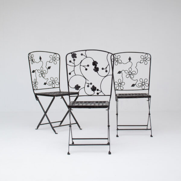 Set of Three Decorative Wrought Iron Garden Chairs with Floral Backrests