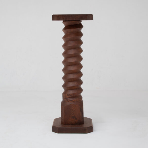 Sculptural Wooden Pillar in Solid Elm with Twisted Geometric Carving