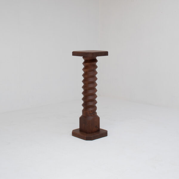 Sculptural Wooden Pillar in Solid Elm with Twisted Geometric Carving