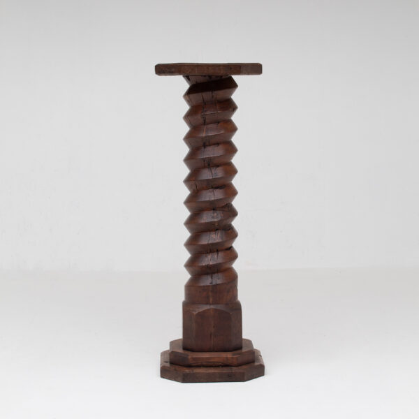 Brutalist Hand-Carved Wooden Pedestal in Solid Oak