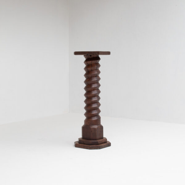 Brutalist Hand-Carved Wooden Pedestal in Solid Oak