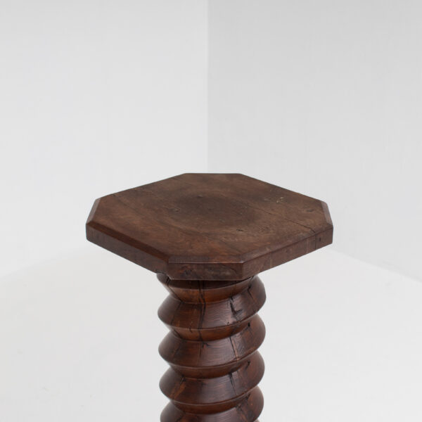 Brutalist Hand-Carved Wooden Pedestal in Solid Oak