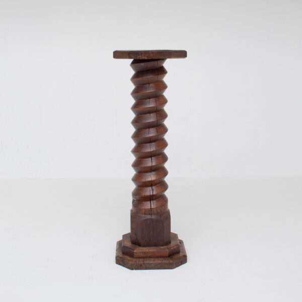 Brutalist Hand-Carved Wooden Pedestal in Solid Oak