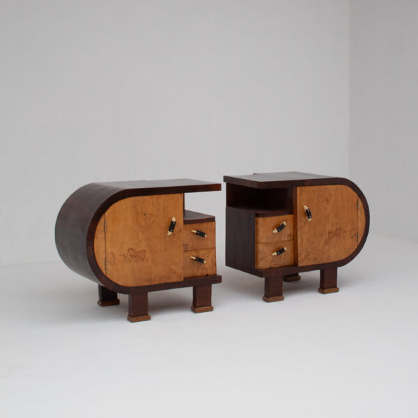 Pair of Art Deco Nightstands with Burl Wood Fronts