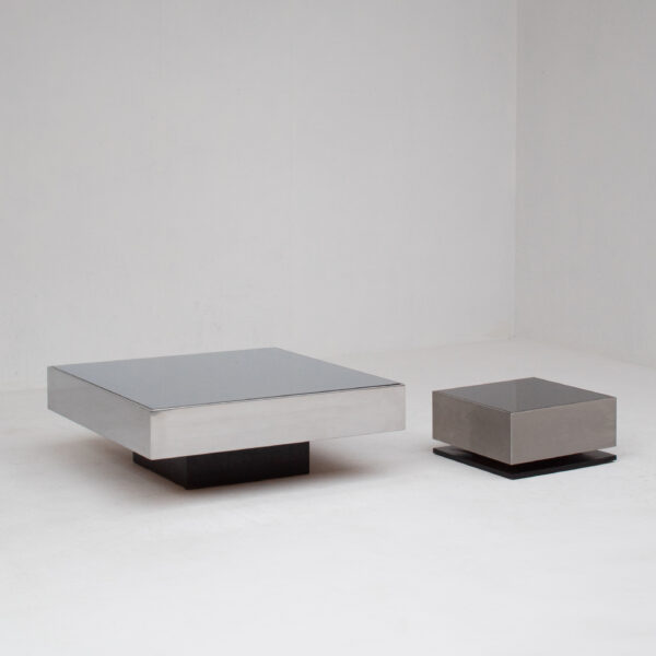 Pair of Italian Smoked Glass and Brushed Metal Coffee Tables