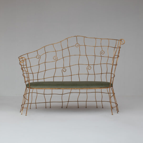 Sculptural Gilt Metal Bench with Green Upholstery