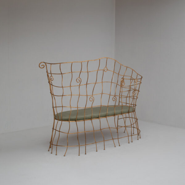 Sculptural Gilt Metal Bench with Green Upholstery