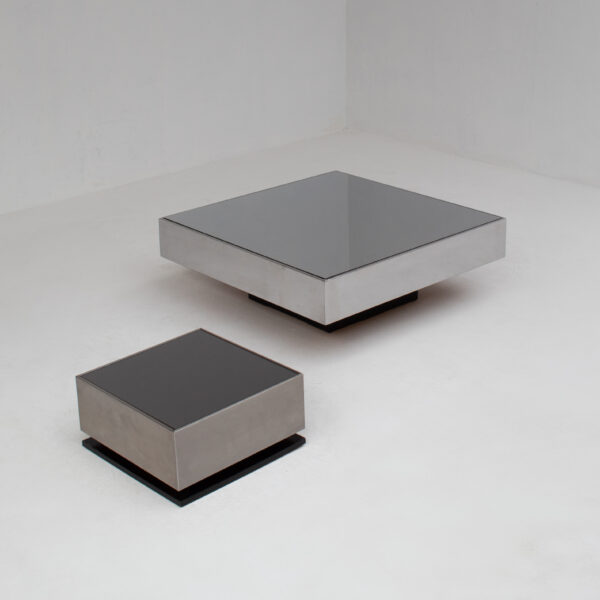 Pair of Italian Smoked Glass and Brushed Metal Coffee Tables