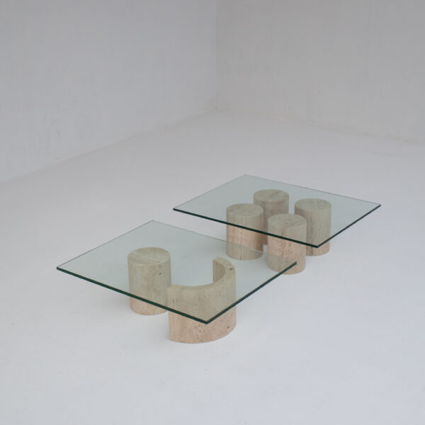 Set of Two Italian Travertine and Glass Coffee Tables, 1970s