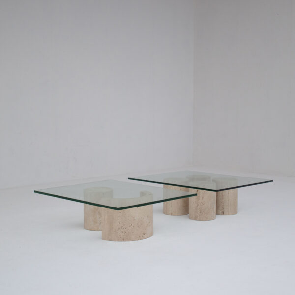 Set of Two Italian Travertine and Glass Coffee Tables, 1970s