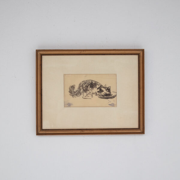 Framed Artwork of a Drinking Cat