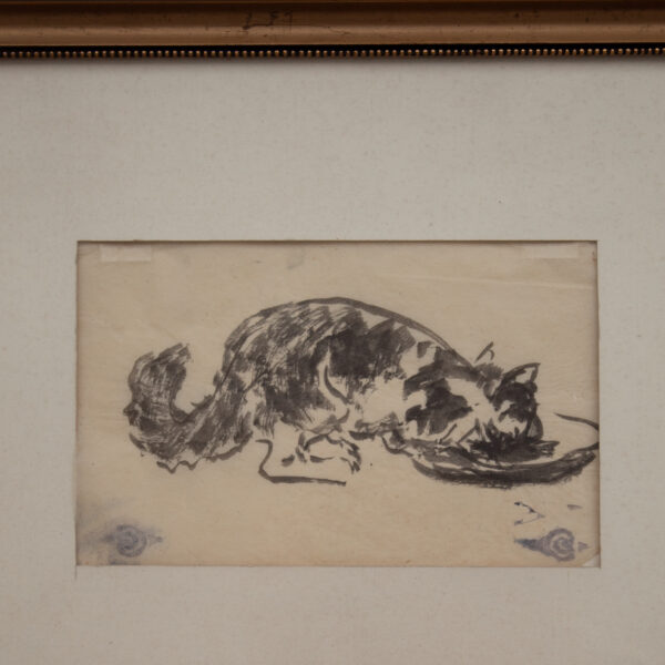 Framed Artwork of a Drinking Cat