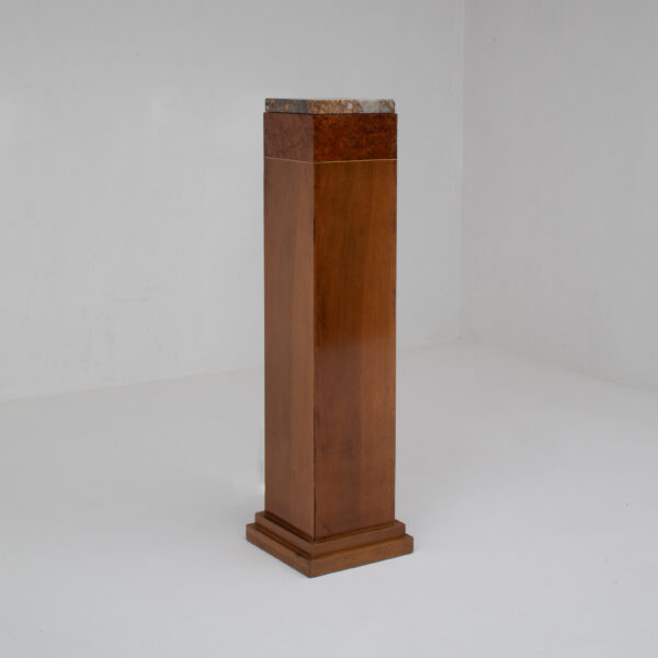Vintage Burl Wood Pedestal with Marble Top and Brass Inlay