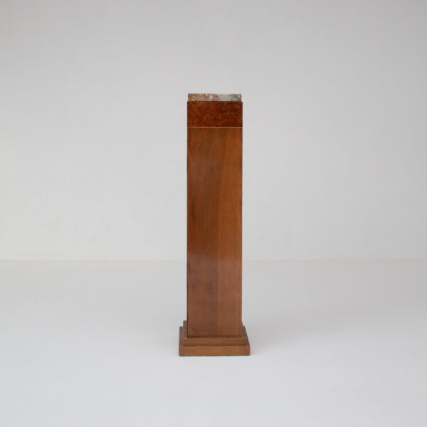 Vintage Burl Wood Pedestal with Marble Top and Brass Inlay